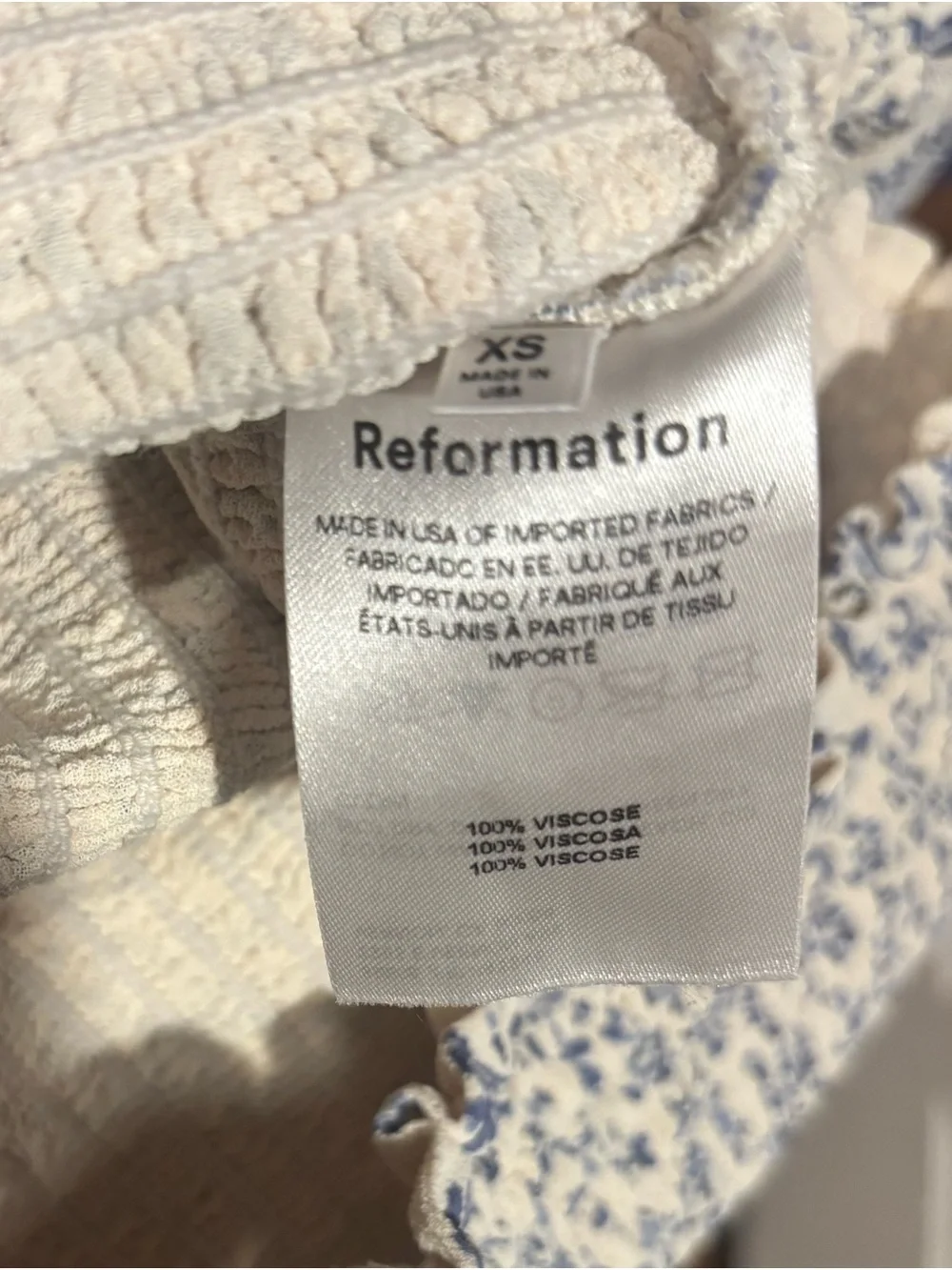 Reformation Cream Blouse with Blue Floral Print